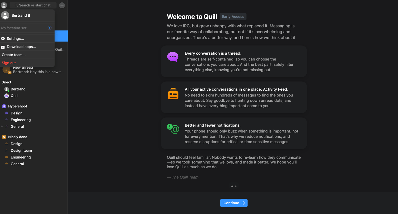Quill - Dropdown menu screen