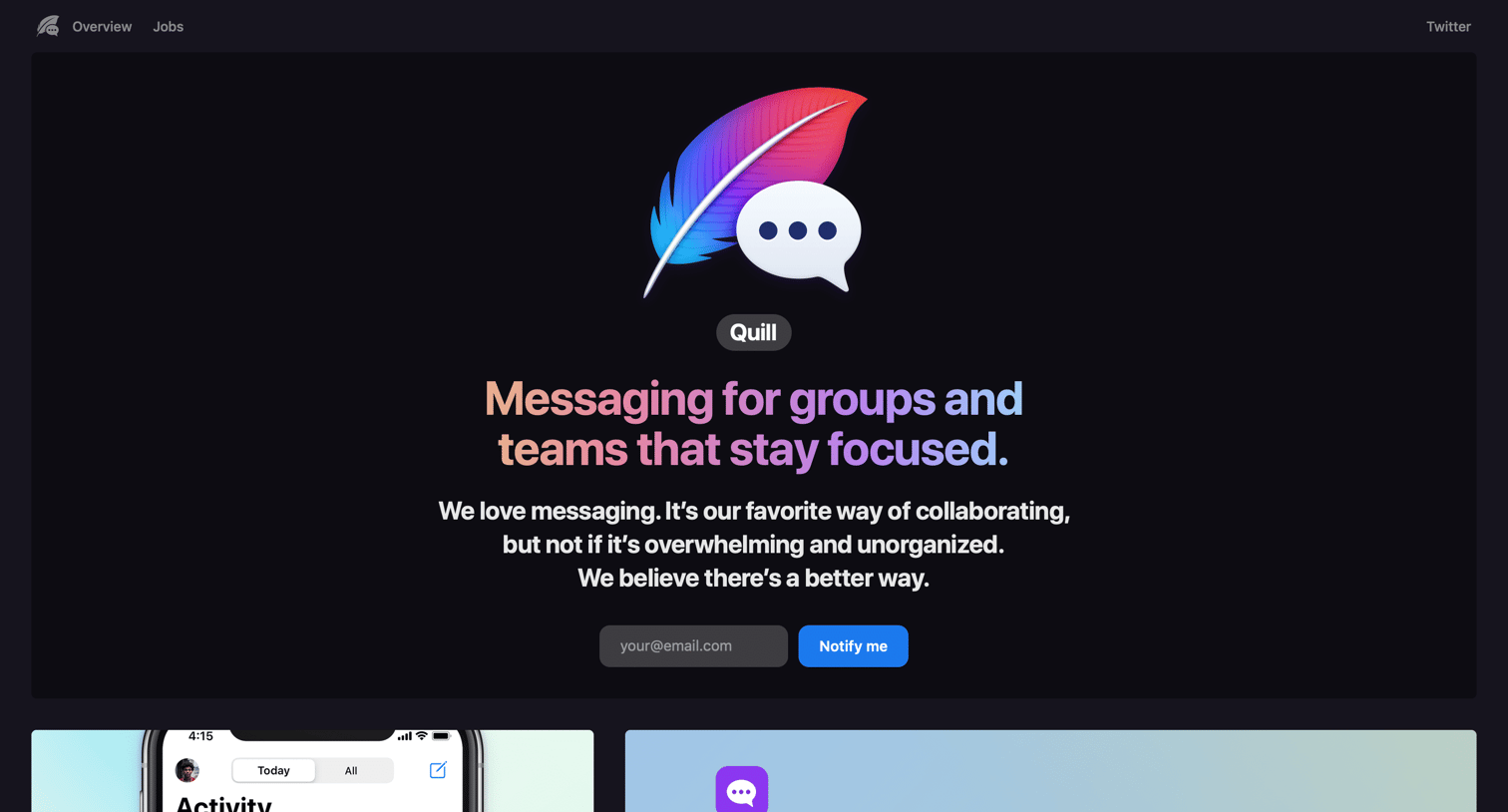 Quill - Landing page screen