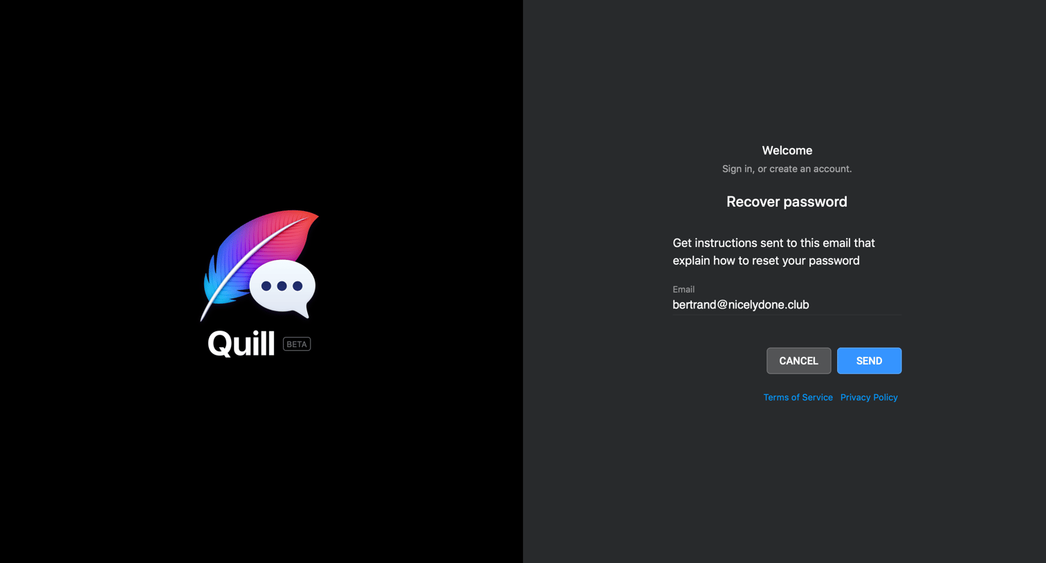 Quill - Recover password screen