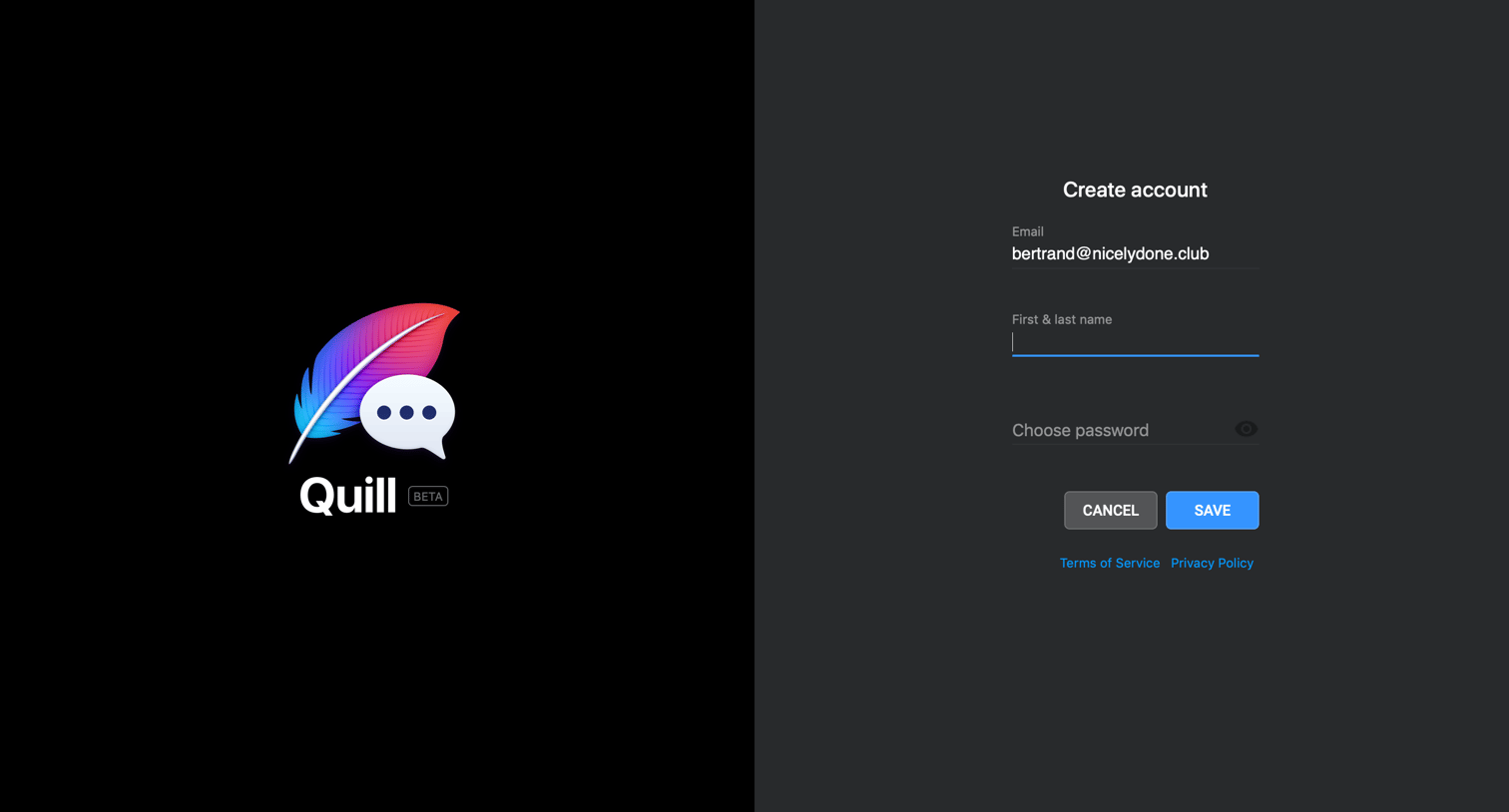 Quill - Sign up via email screen