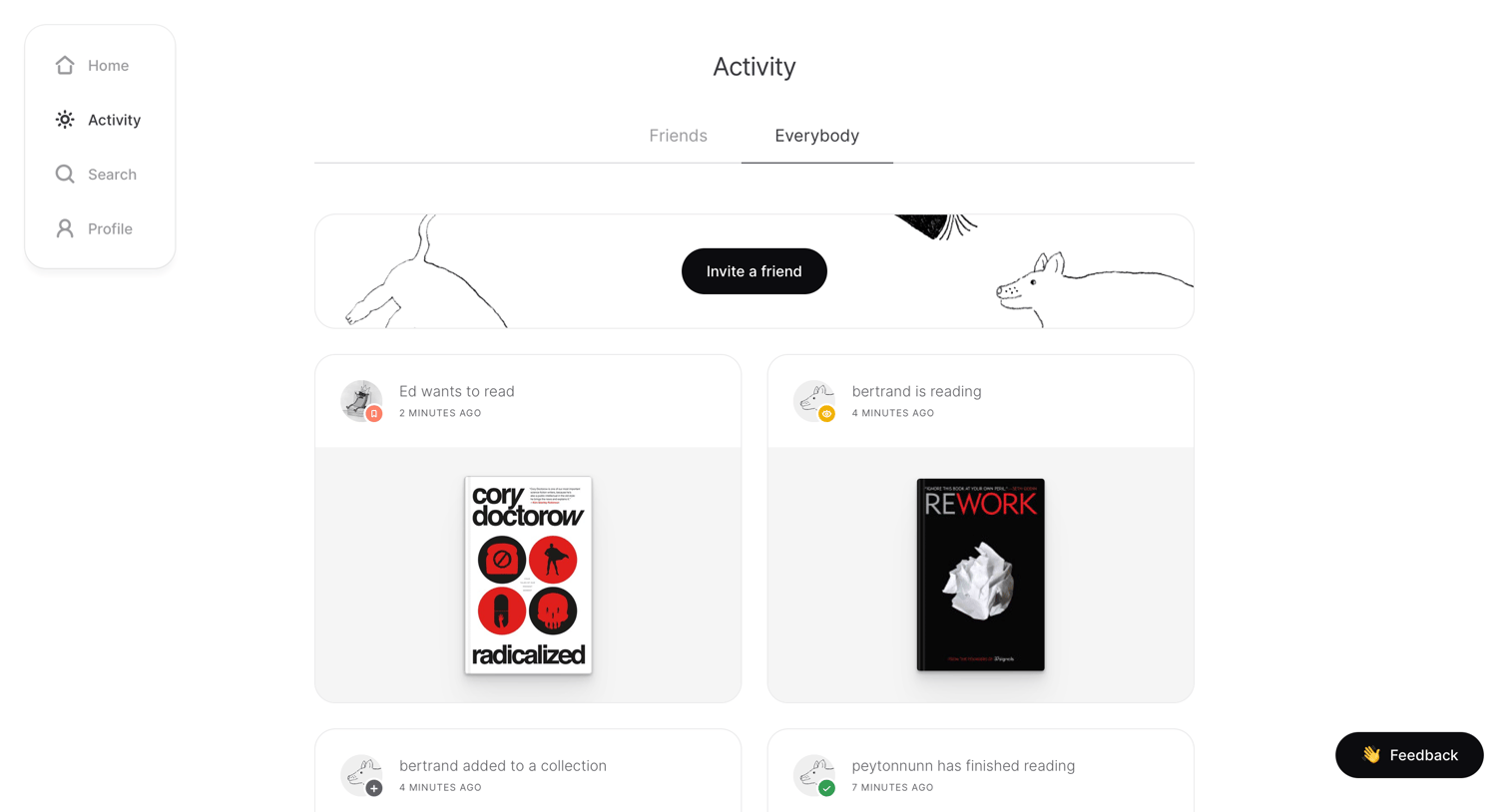 Readng - Activity feeds screen