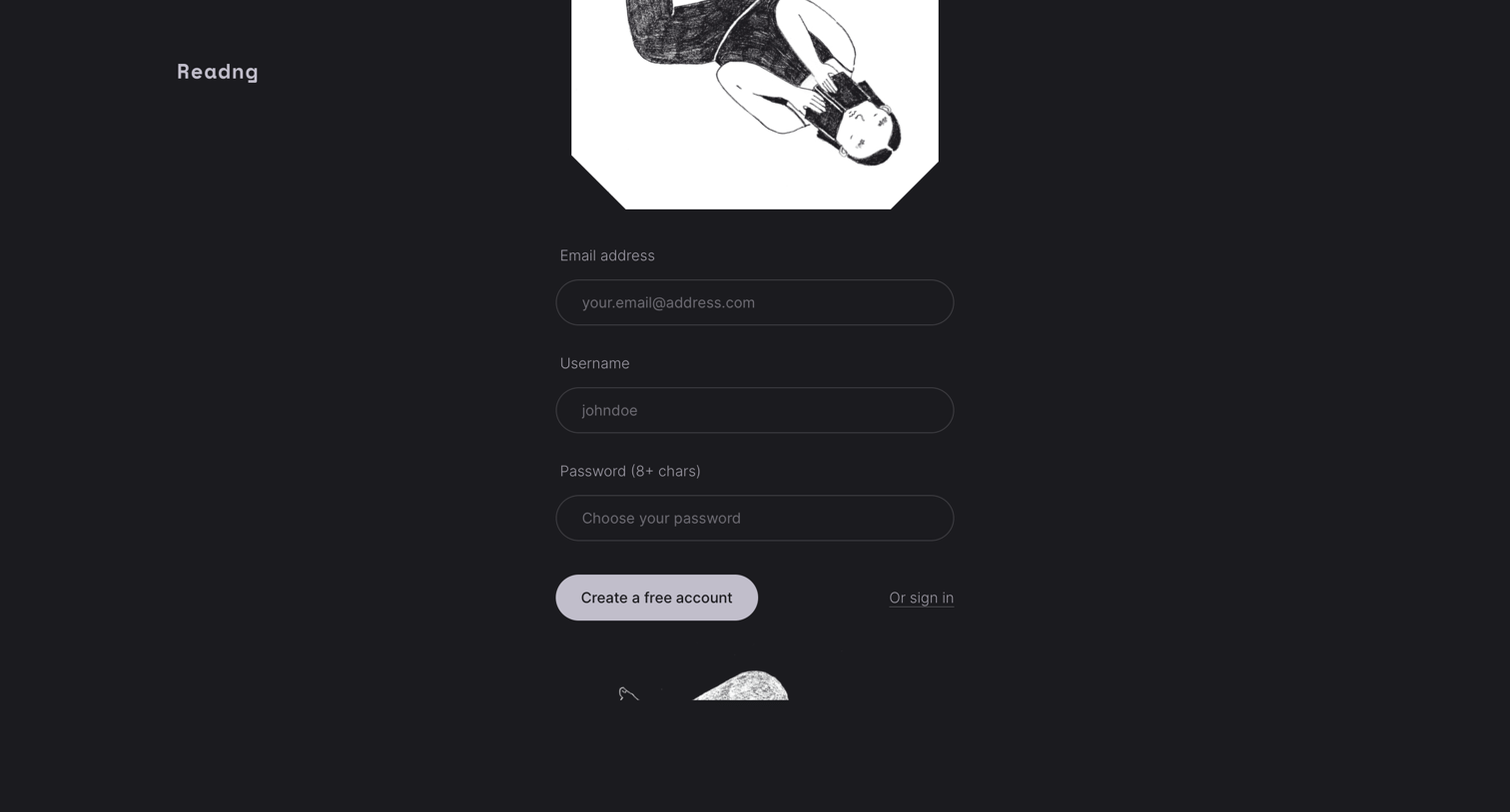 Readng - Sign up screen