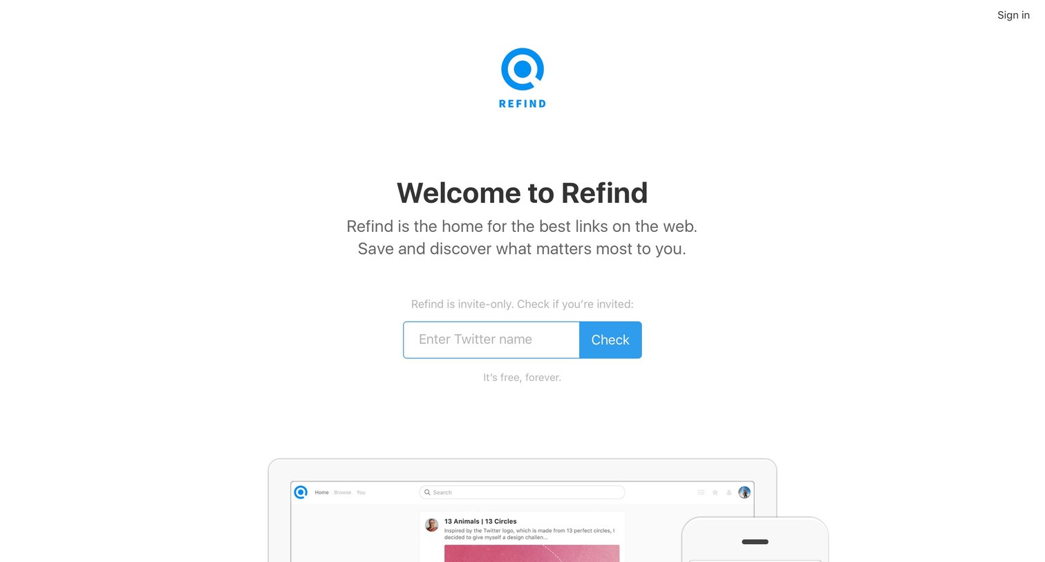 Refind - Landing page screen