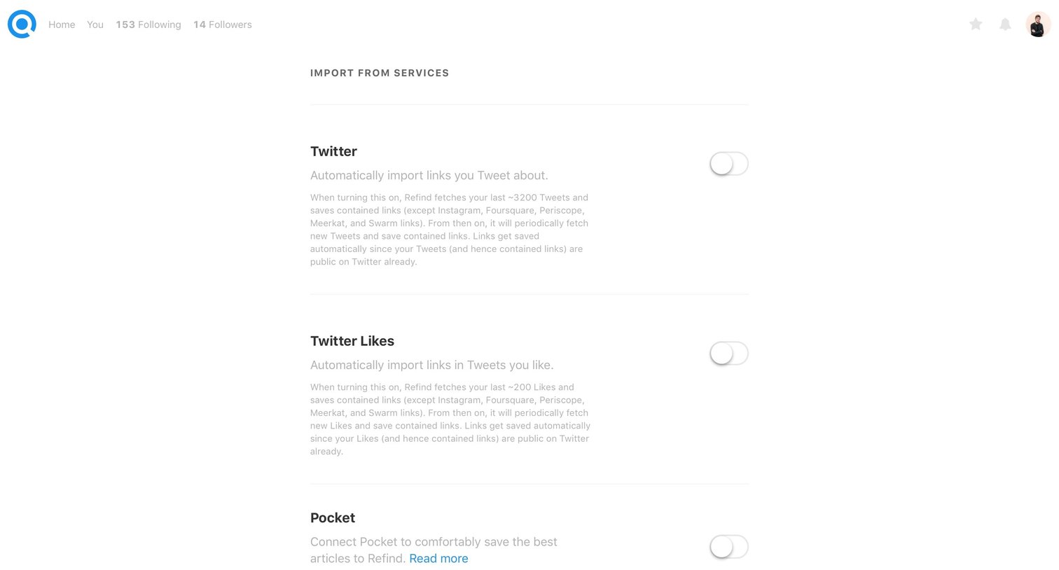 Refind - Settings screen