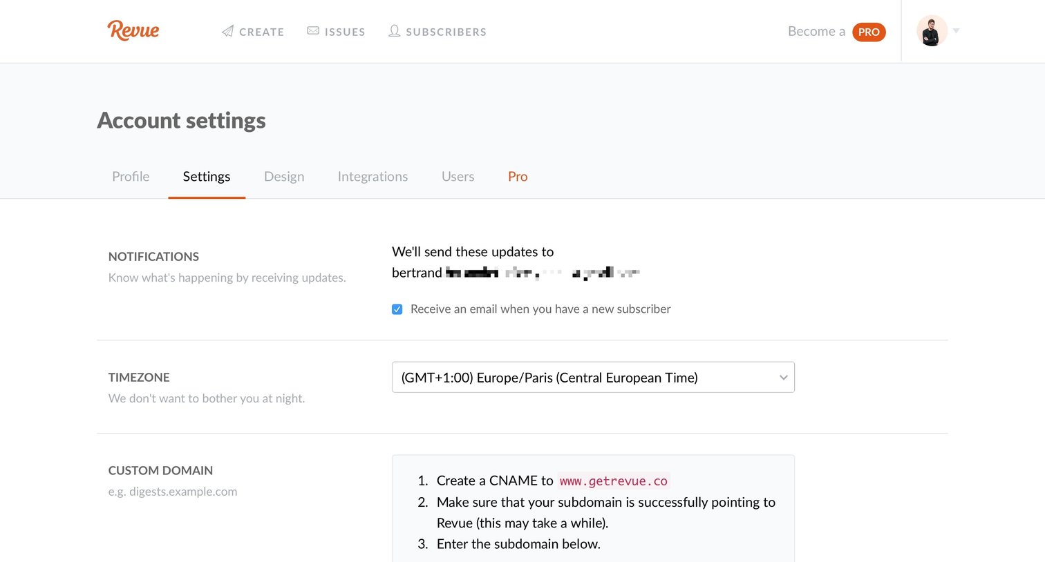 Revue - Settings screen