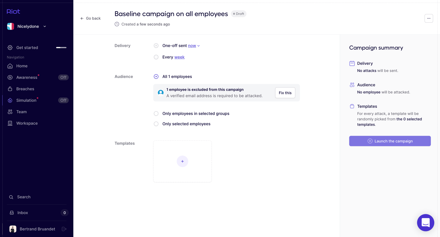 Riot - Baseline campaign on all employees. campaign modification (Nicelydone) • Riot screen