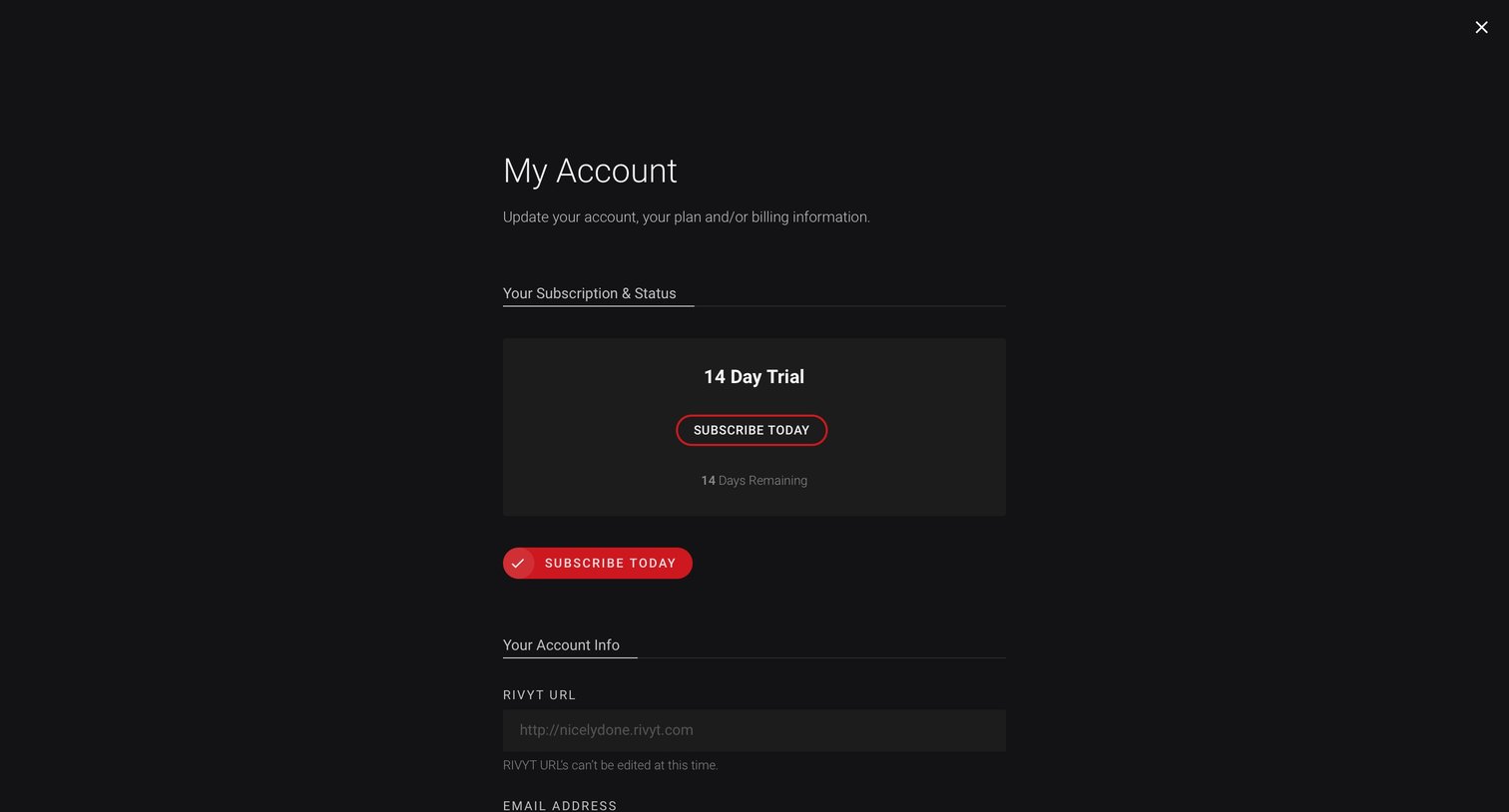 Rivyt - Account settings screen