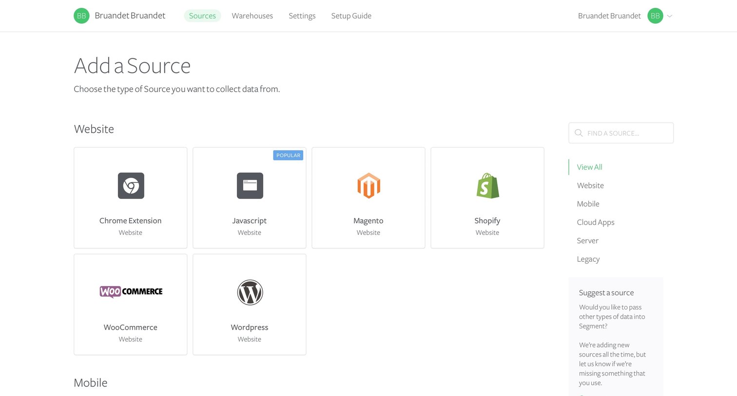 Segment - Integrations screen
