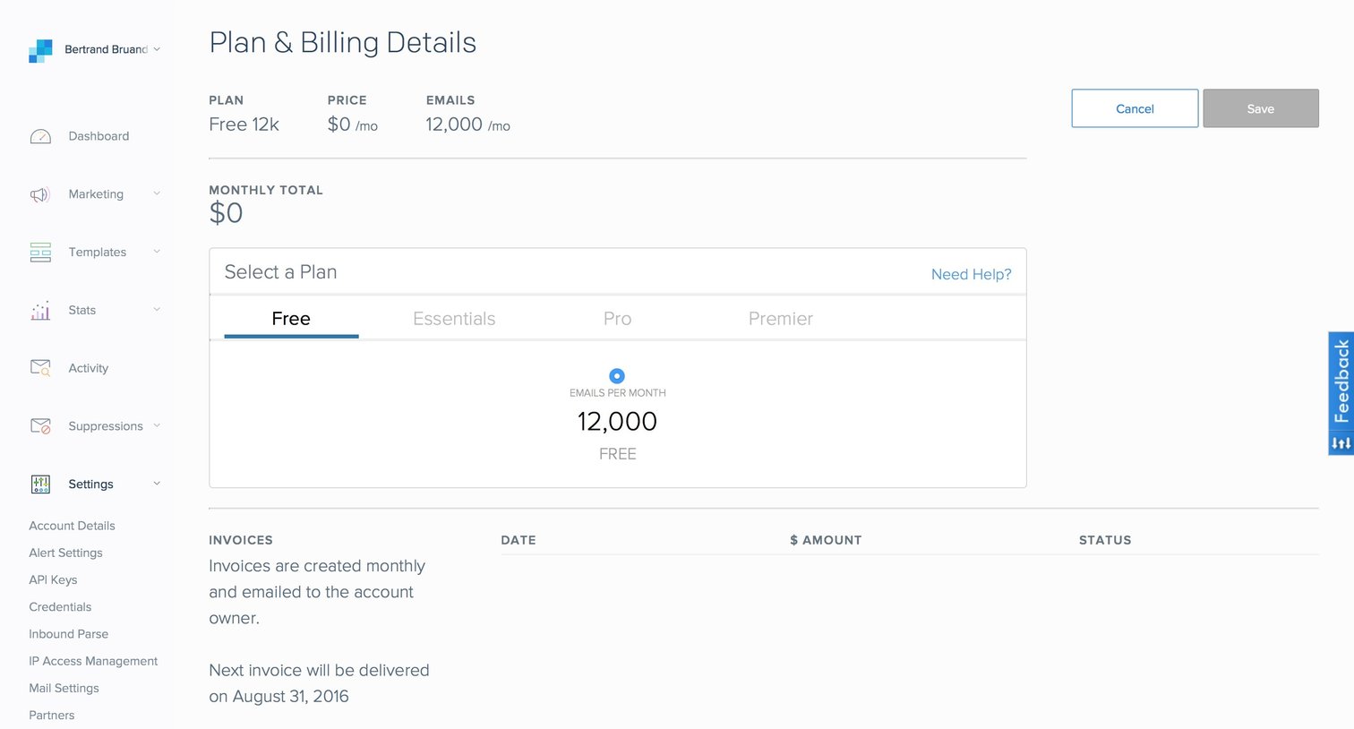 Sendgrid - Plans screen
