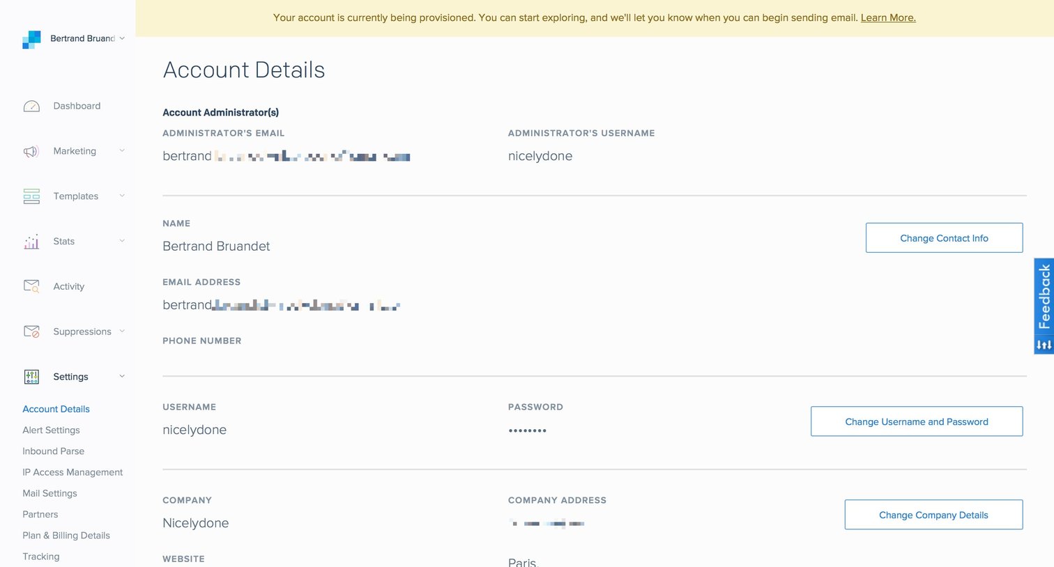 Sendgrid - Settings screen