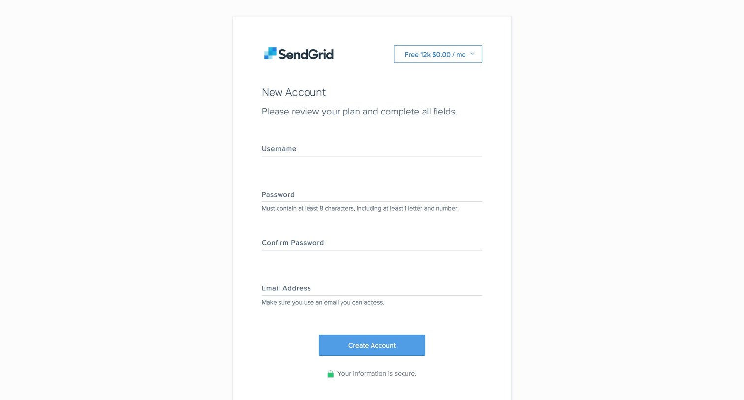 Sendgrid - Sign up screen