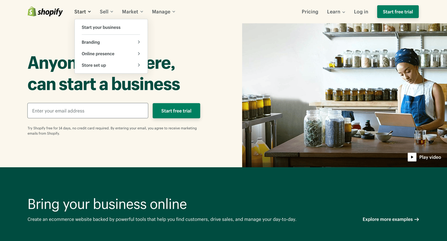 Shopify - Start a Business, Grow Your Business - Shopify 14-Day Free Trial screen