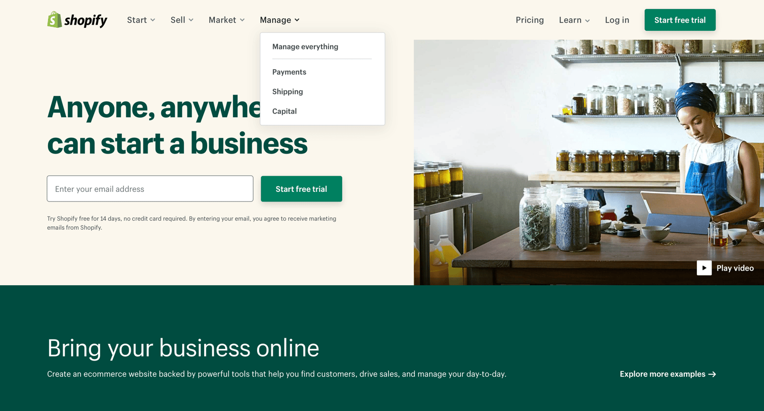Shopify - Start a Business, Grow Your Business - Shopify 14-Day Free Trial screen