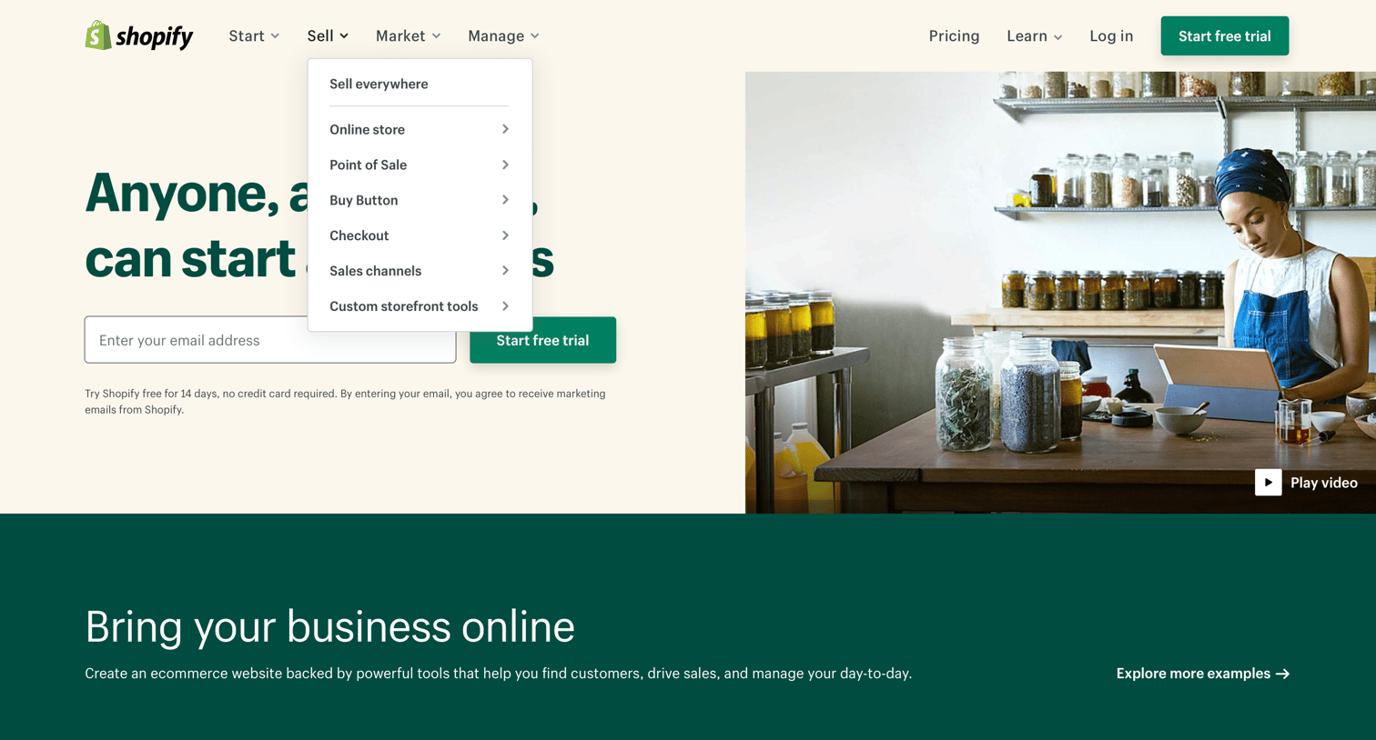 Shopify - Start a Business, Grow Your Business - Shopify 14-Day Free Trial screen