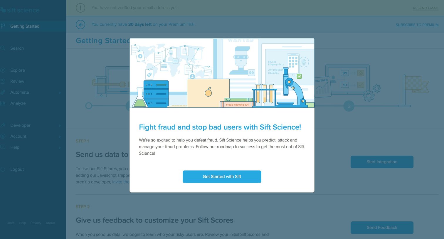 Sift science - Onboarding screen