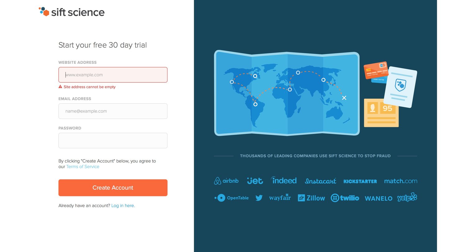 Sift science - Sign up screen