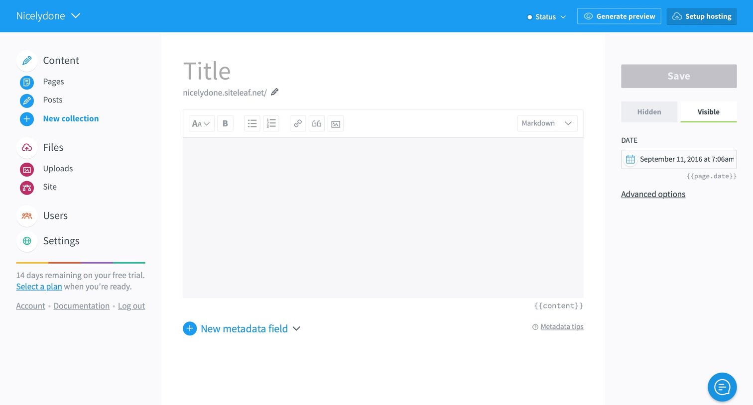Siteleaf - Create screen