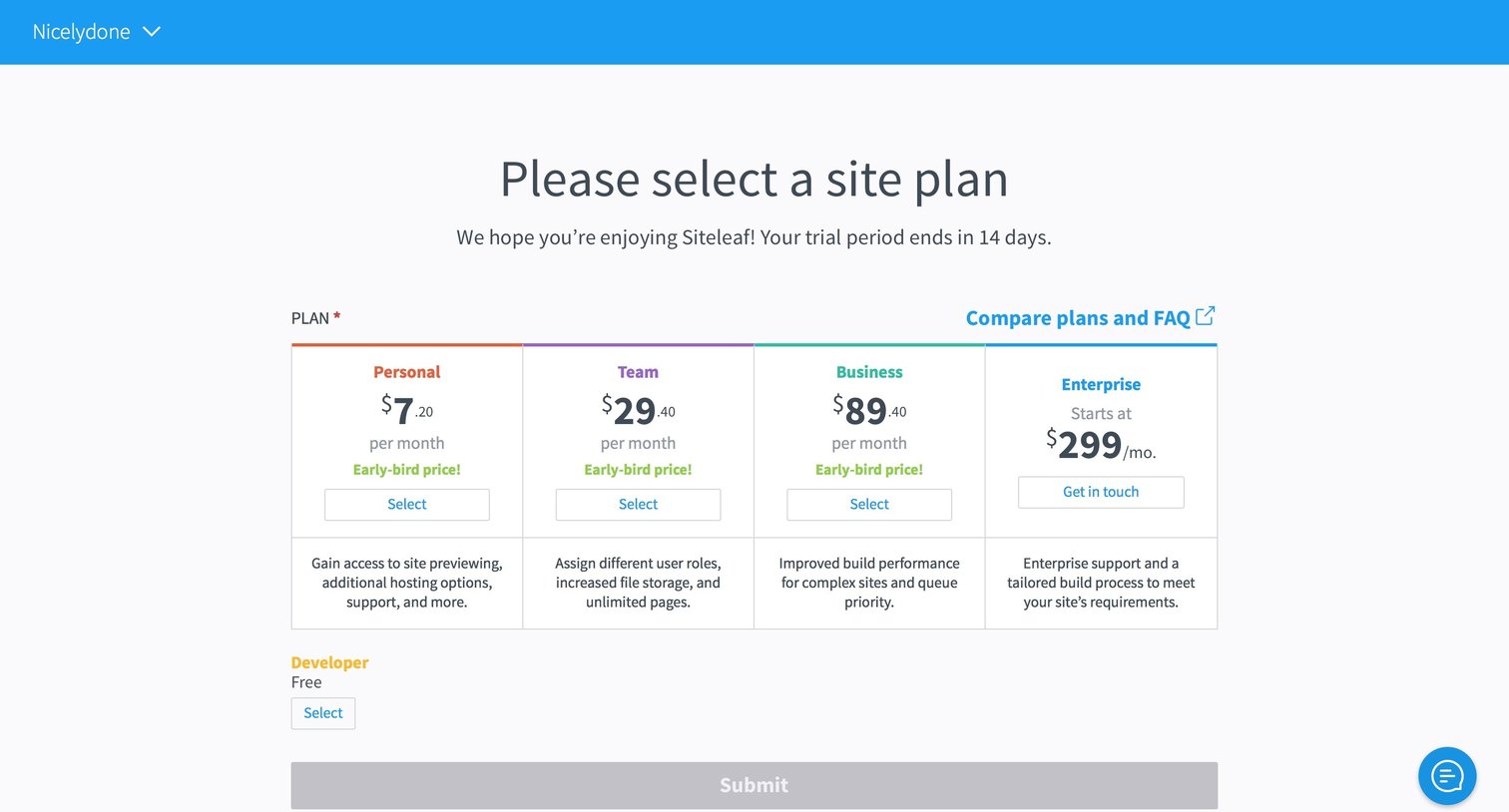 Siteleaf - Plans screen