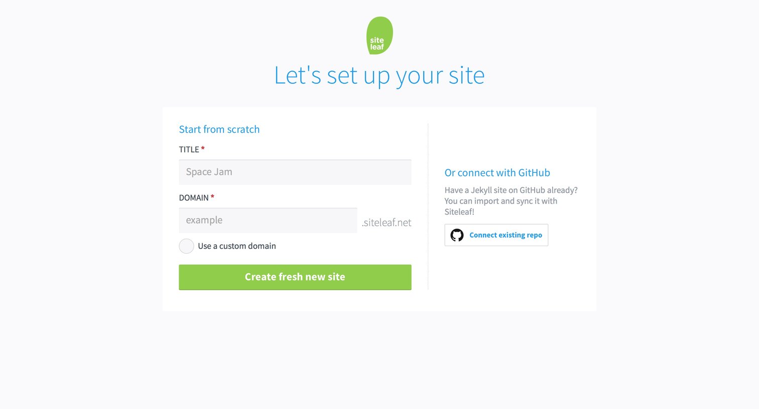 Siteleaf - Sign up screen