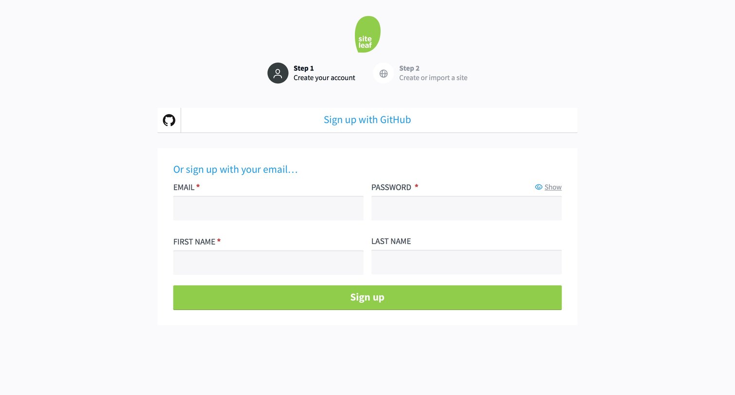 Siteleaf - Sign up screen