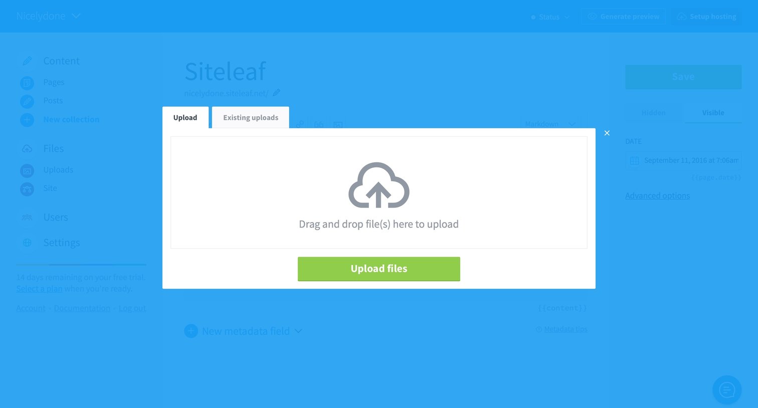 Siteleaf - Upload screen