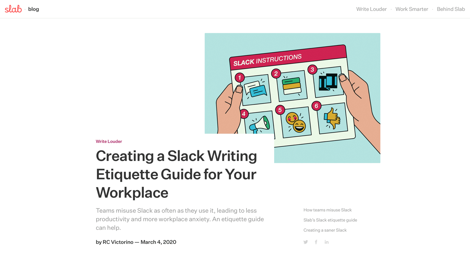 Slab - Creating a Slack Writing Etiquette Guide for Your Workplace - Write Louder - Knock Down Silos screen