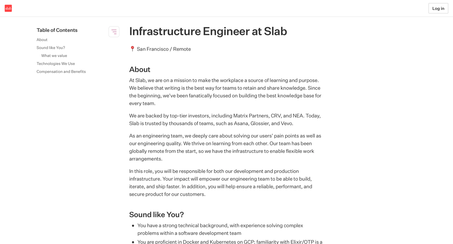 Slab - Infrastructure Engineer at Slab - Slab screen