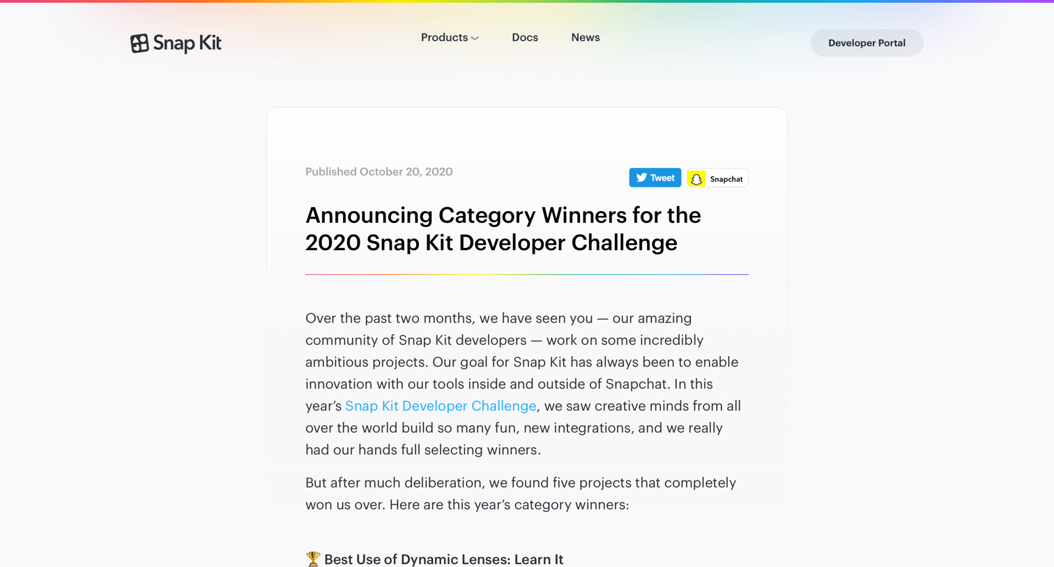 Announcing Category Winners for the 2020 Snap Kit Developer Challenge from Snap Kit