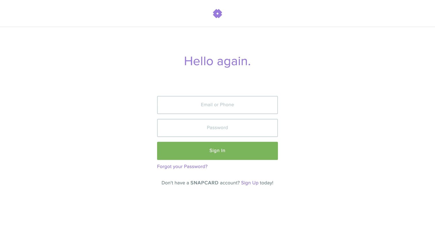 Snapcard - Sign in screen
