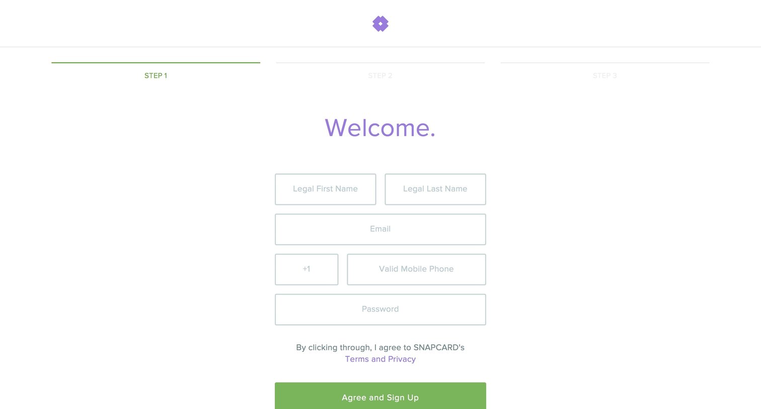 Snapcard - Sign up screen
