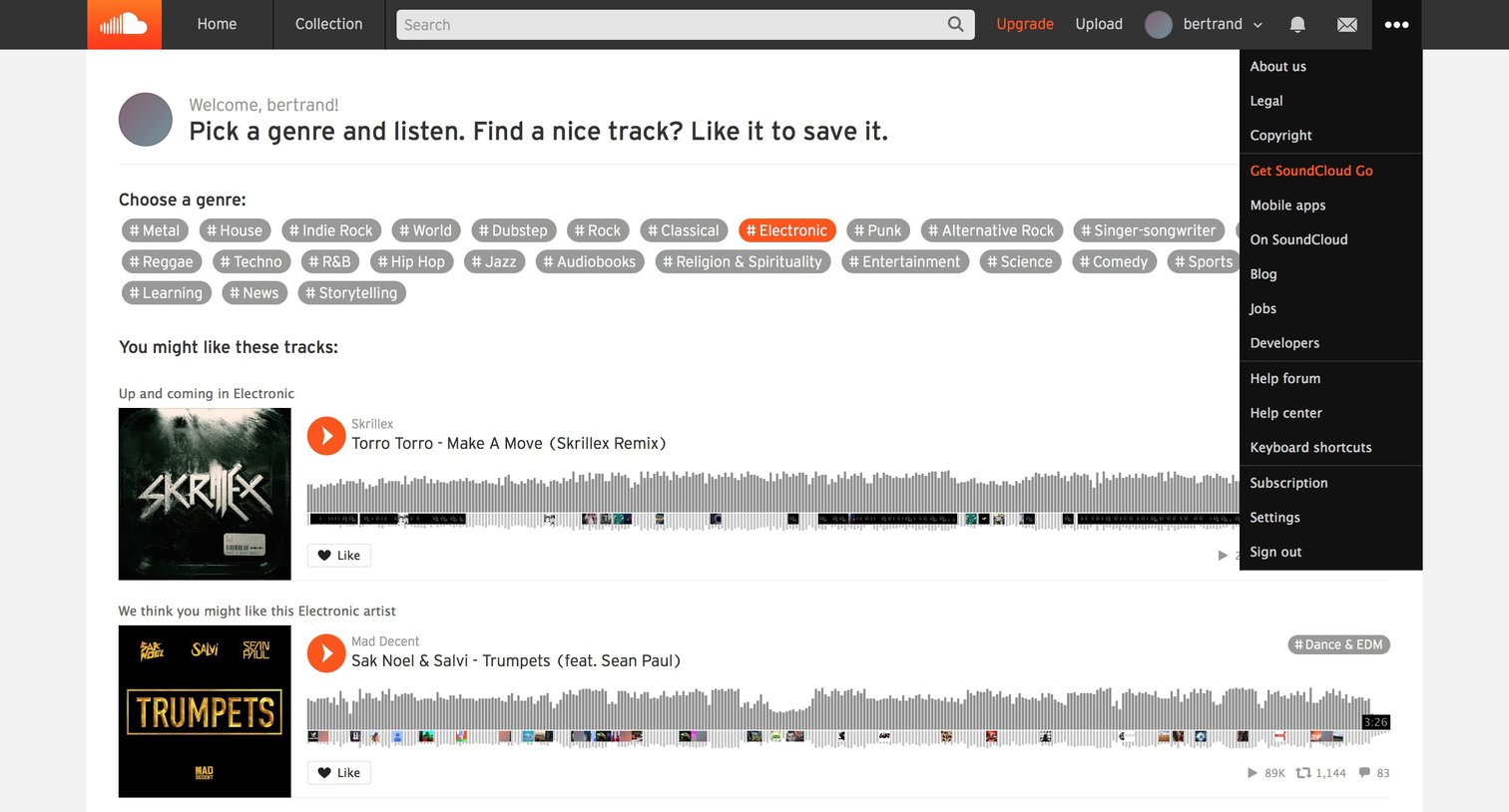 Soundcloud - Dropdown screen