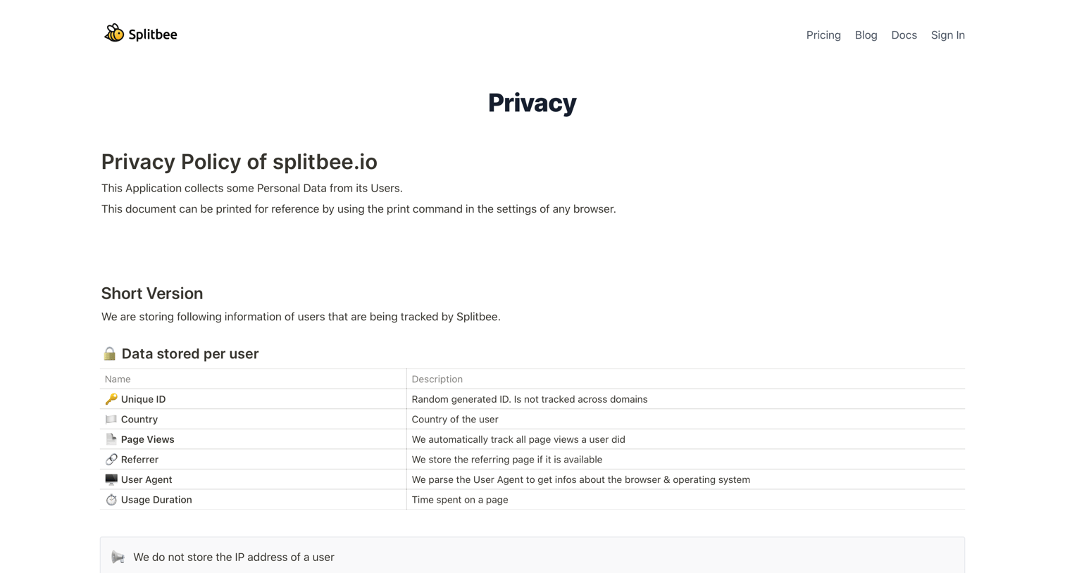 Splitbee - Privacy Policy – Splitbee | Analytics & A-B Testing screen