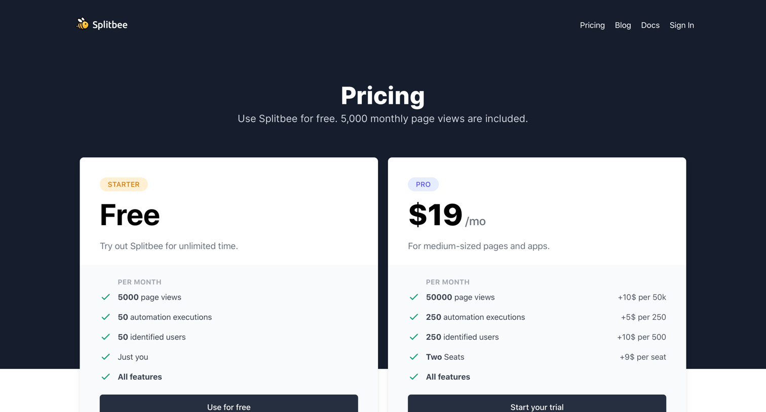 Splitbee - Pricing – Splitbee | Analytics & A-B Testing screen