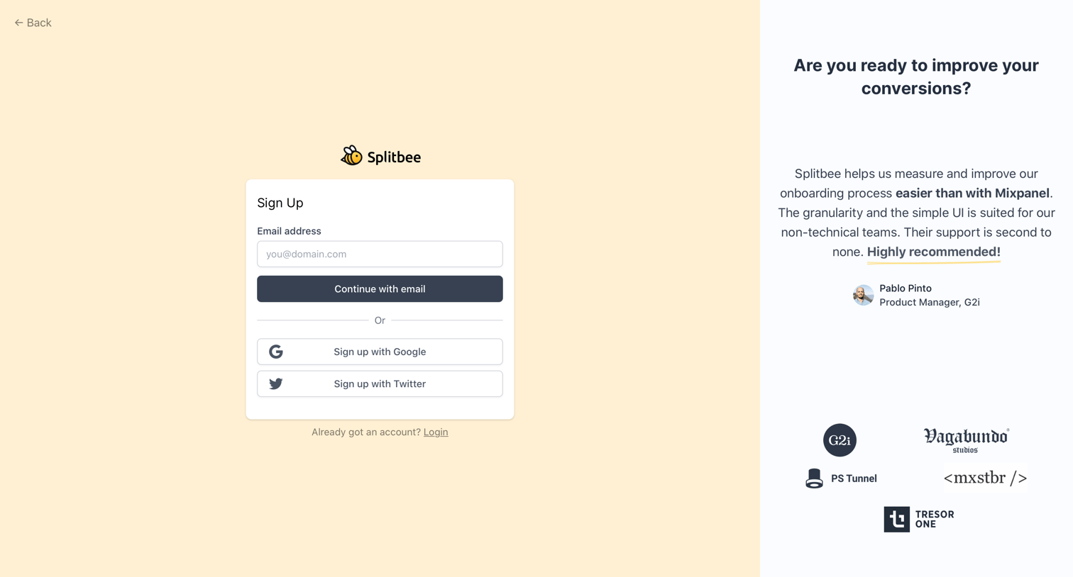 Splitbee - Register – Splitbee | Analytics & A-B Testing - Splitbee Documentation screen