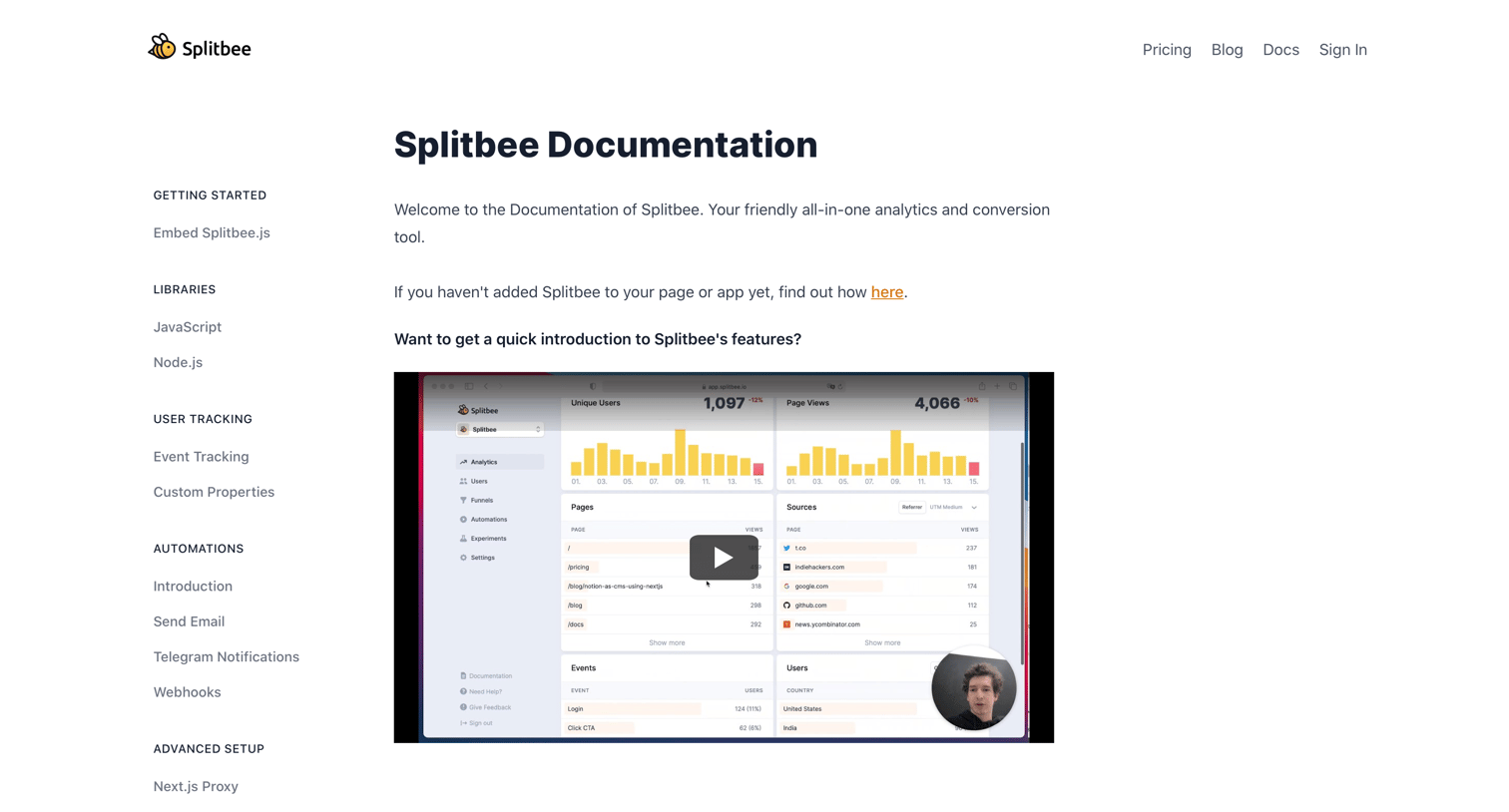 Splitbee - Splitbee Documentation - Splitbee Documentation screen