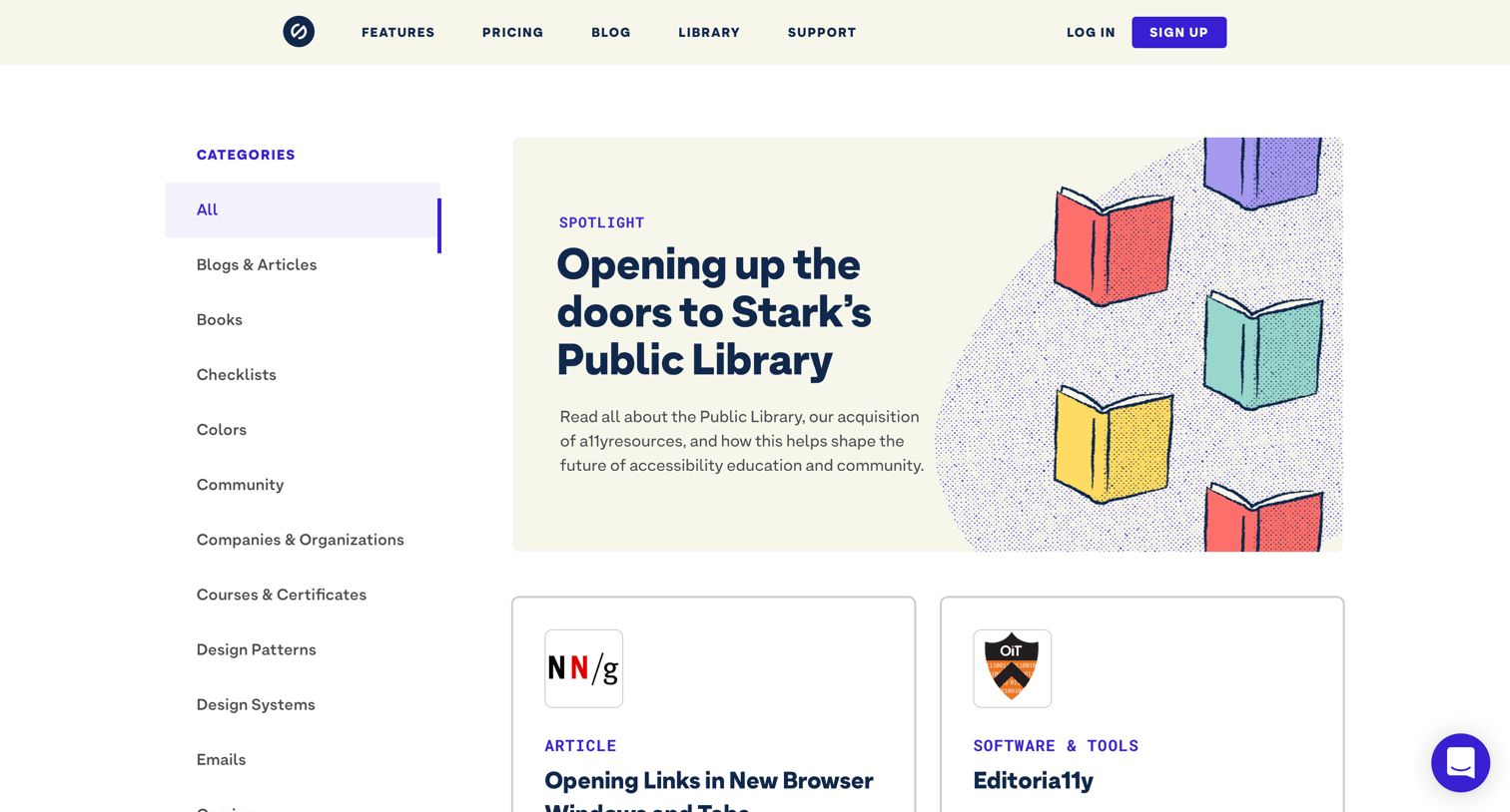 Stark - Library. Accessibility resources, guides, communities, and more screen