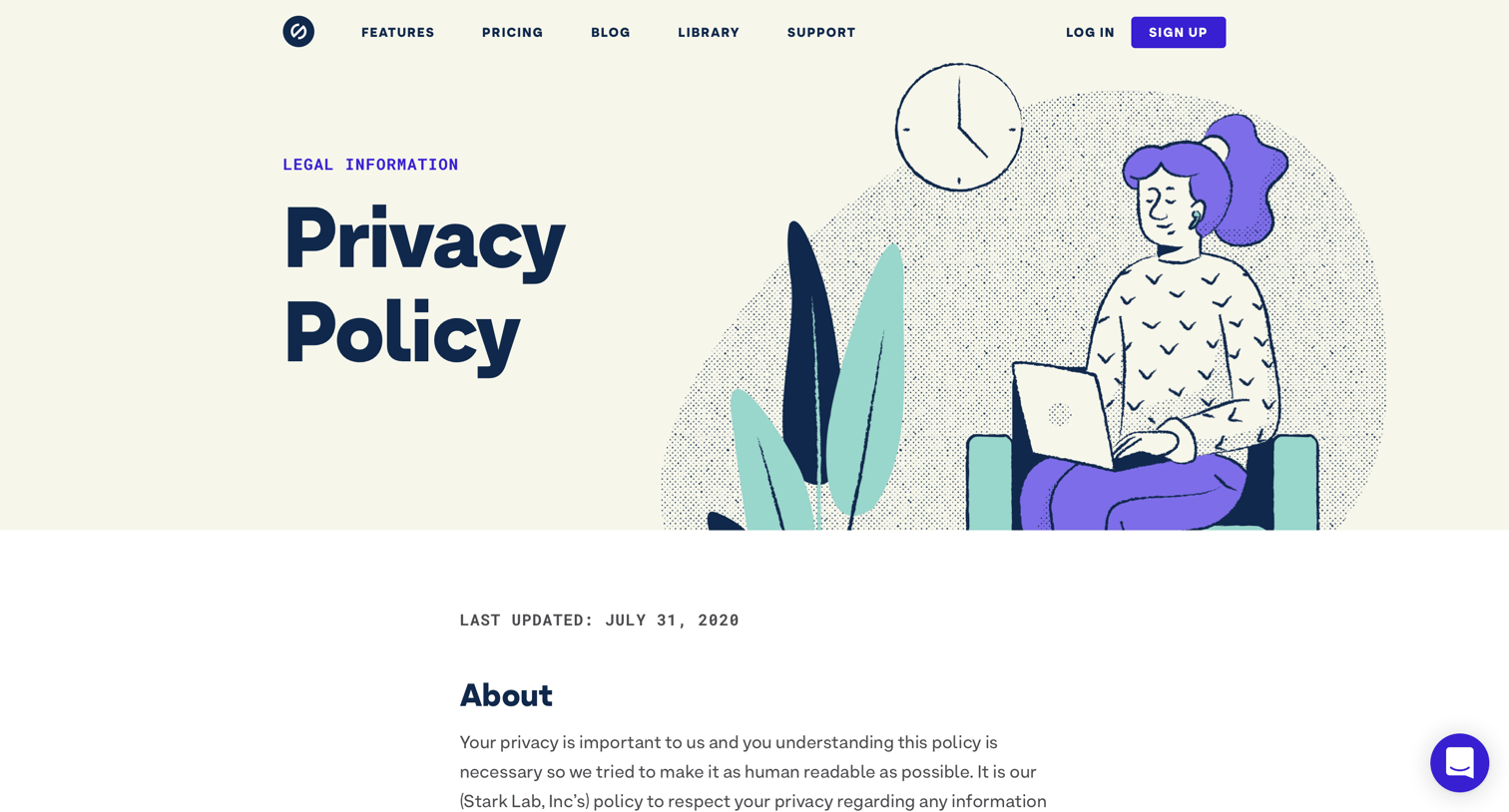 Stark - Legal Information. Privacy Policy screen