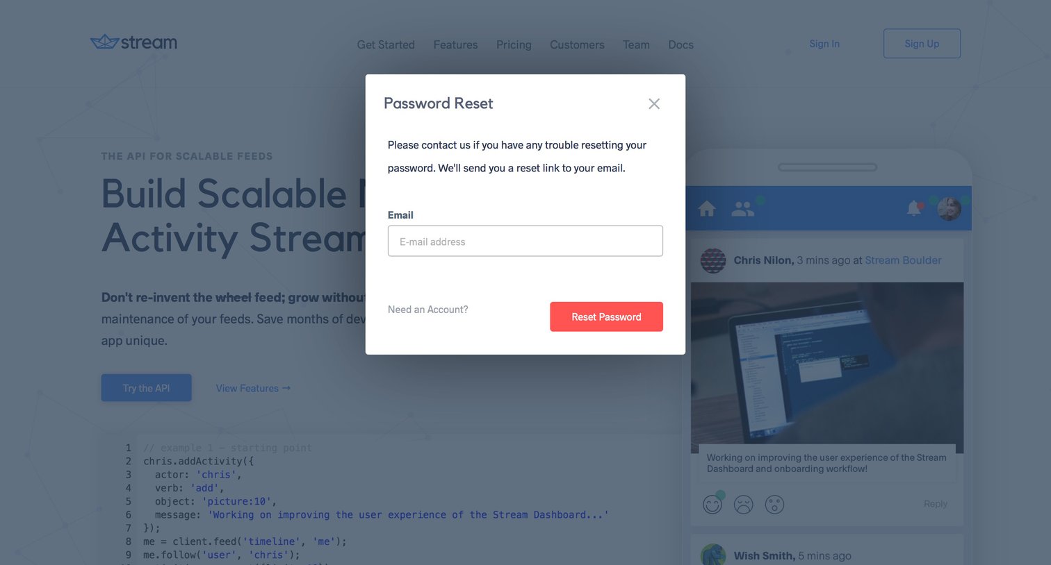 Stream - Password reset screen