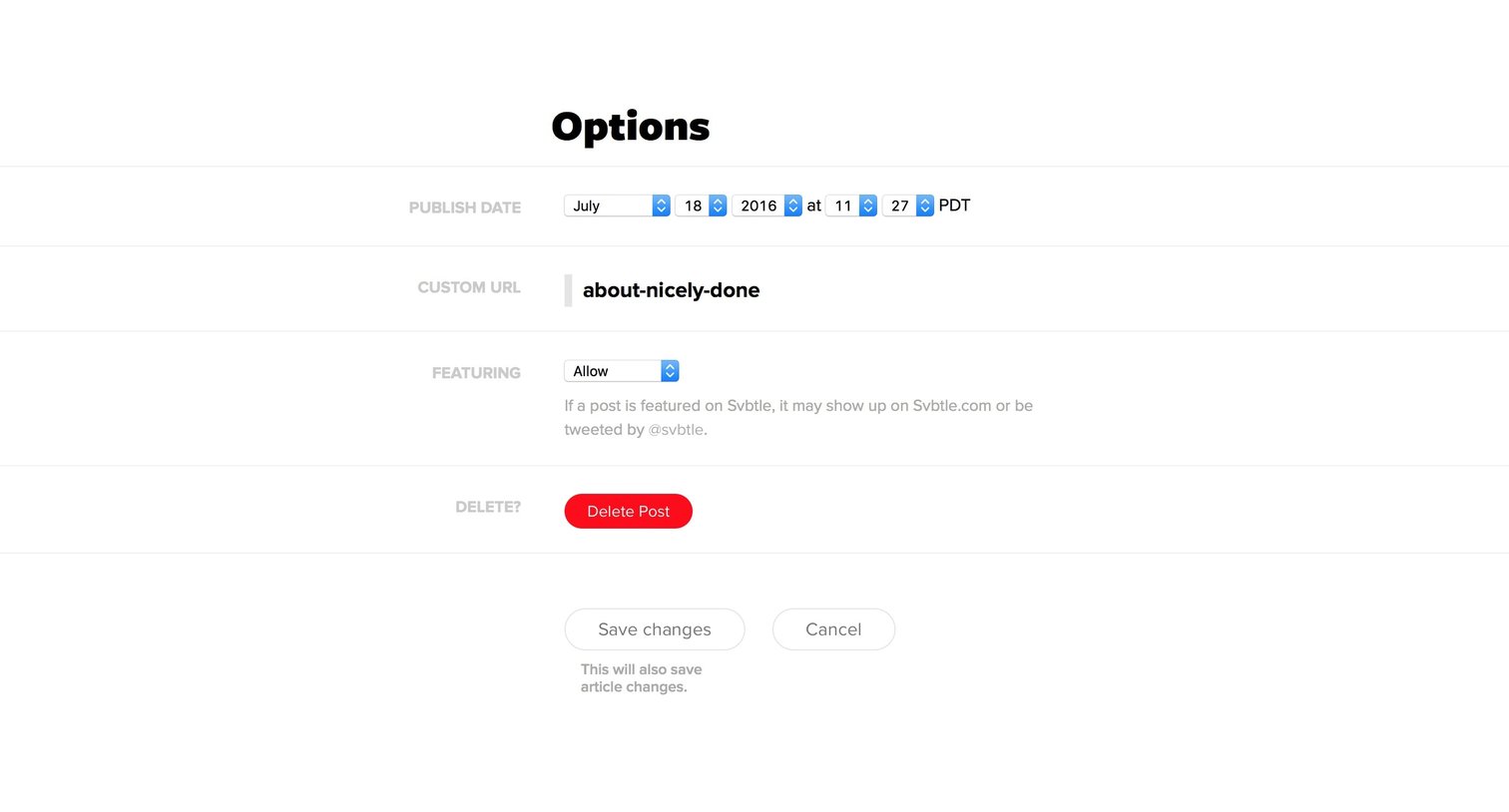 Svbtle - Settings screen
