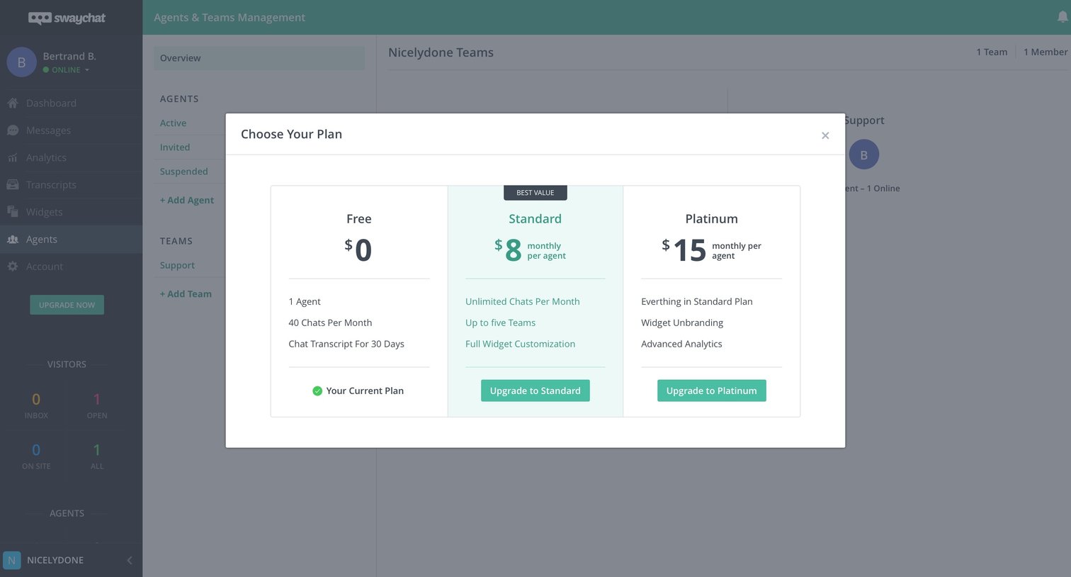 SwayChat - Plans screen