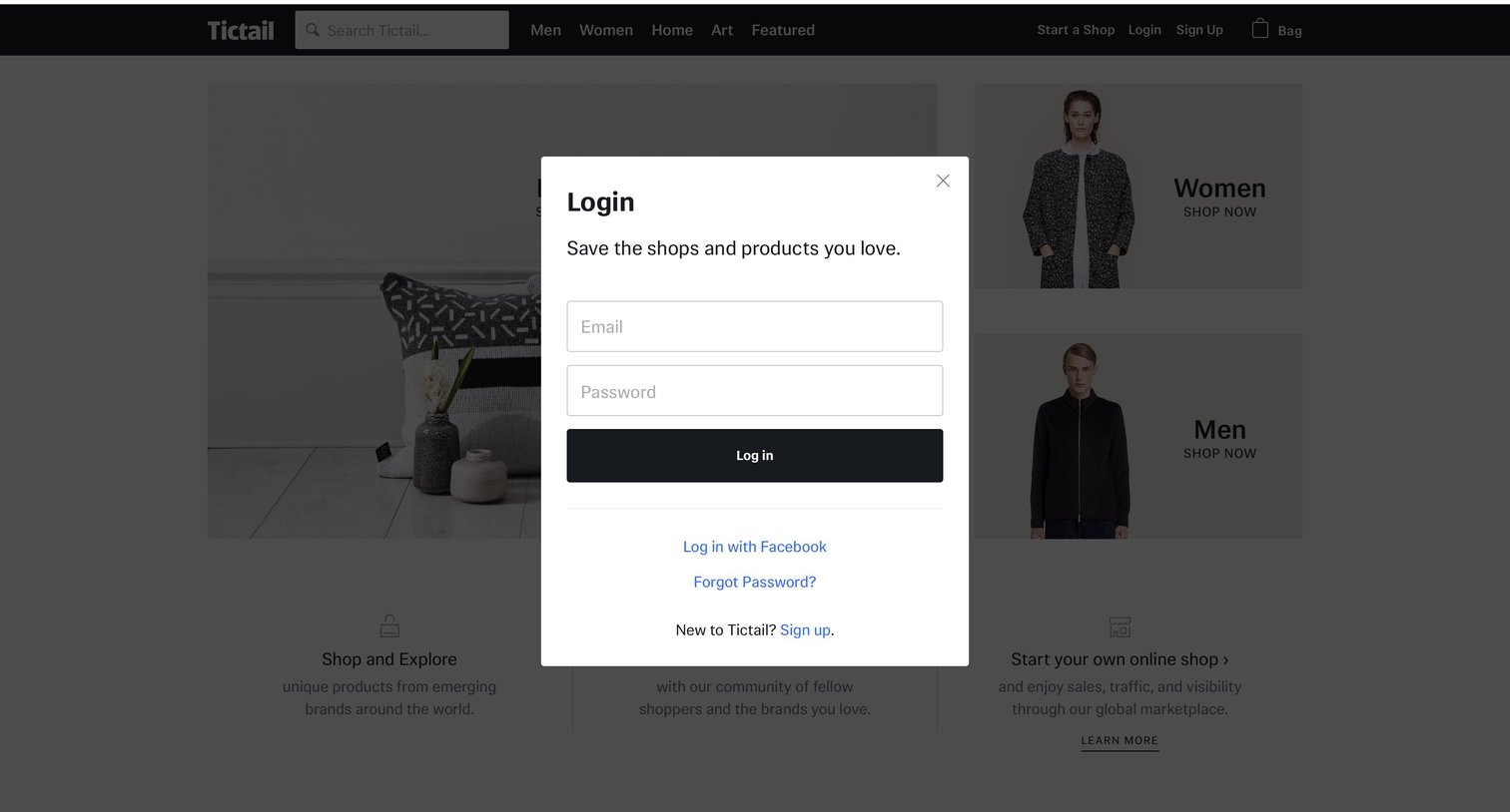 Tictail - Sign in screen