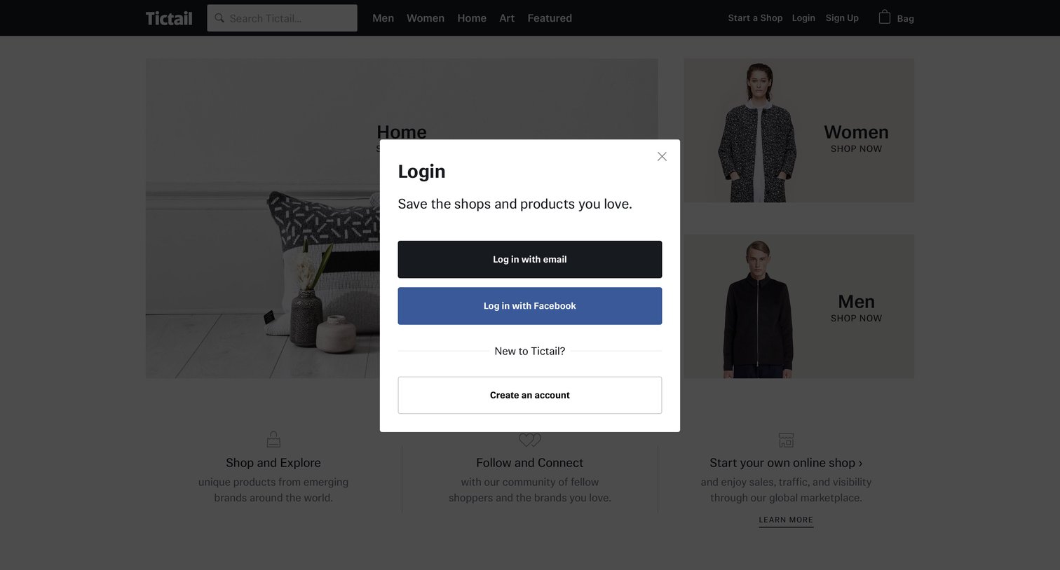 Tictail - Sign in screen