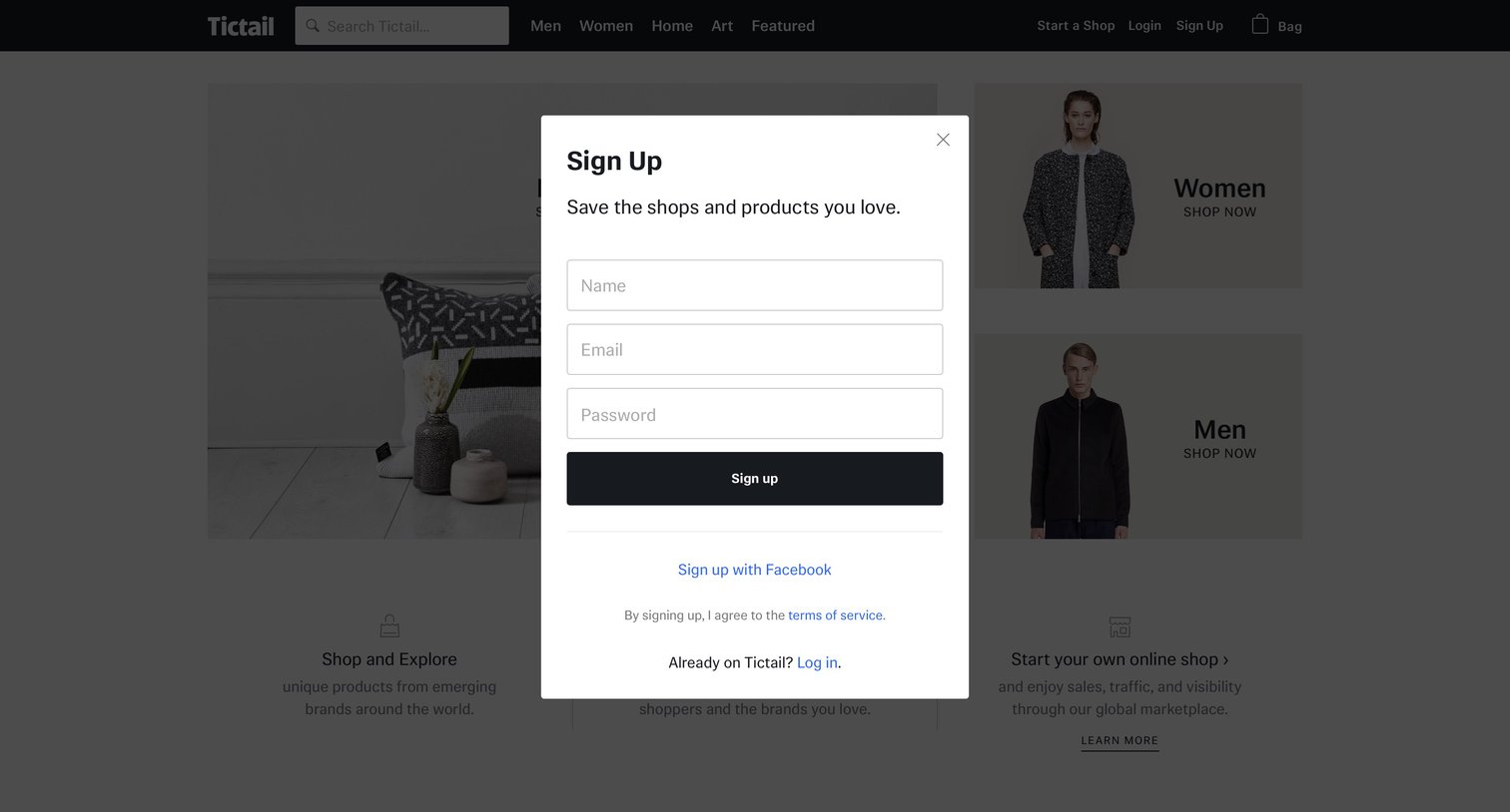 Tictail - Sign up screen