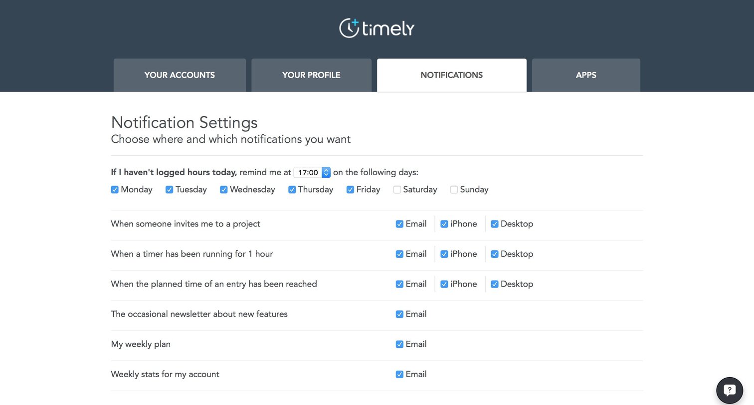 Timely - Settings screen