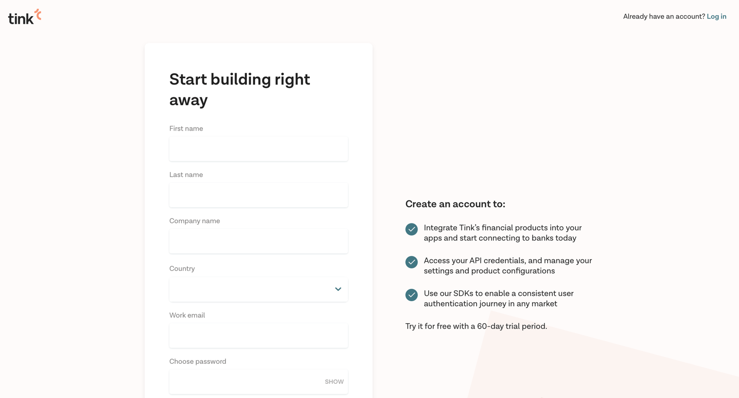 Sign up from Tink