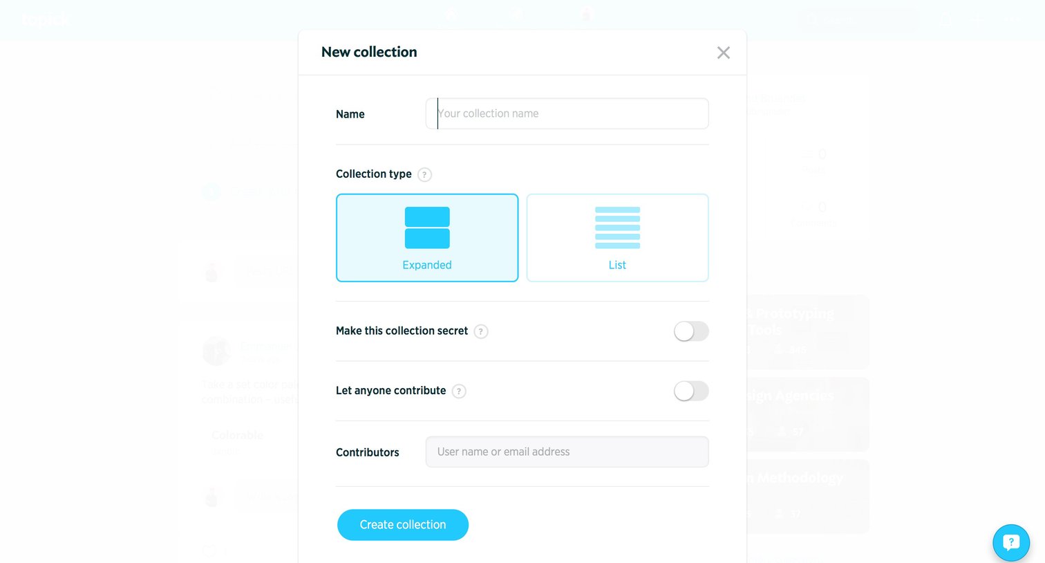 Topick - Create collection screen