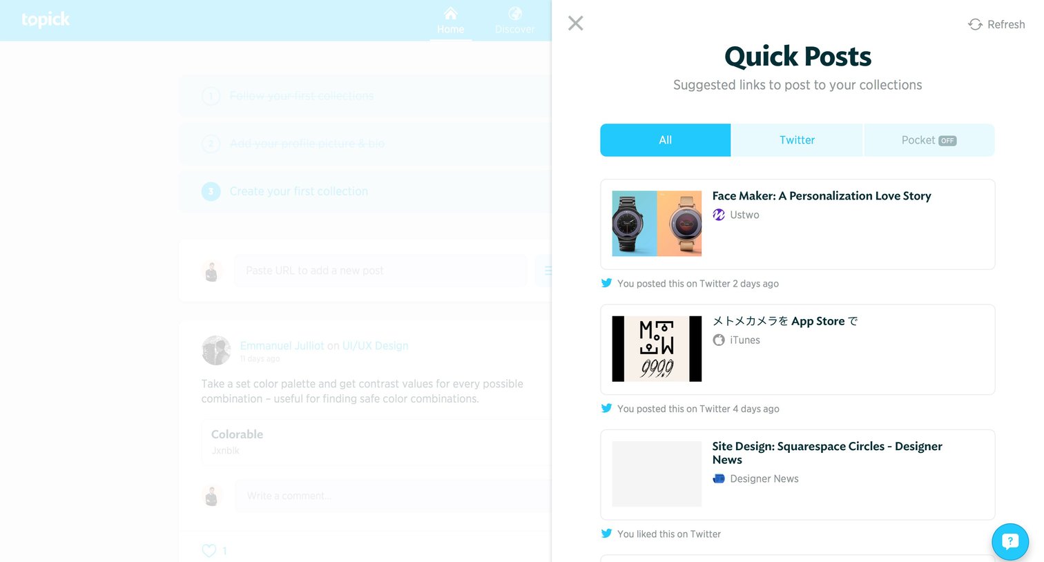 Topick - Import screen