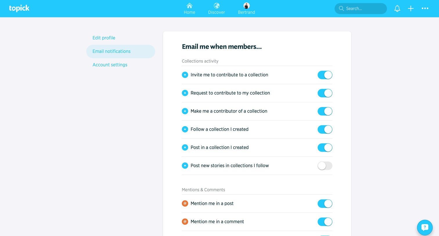 Topick - Settings screen