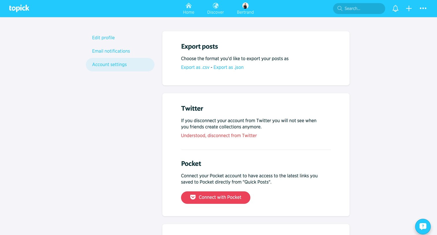 Topick - Settings screen