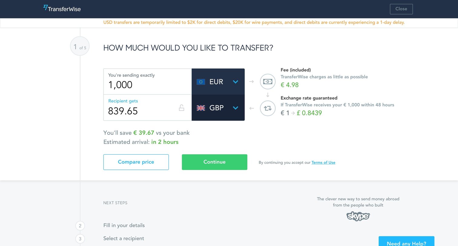 TransferWise - Create screen